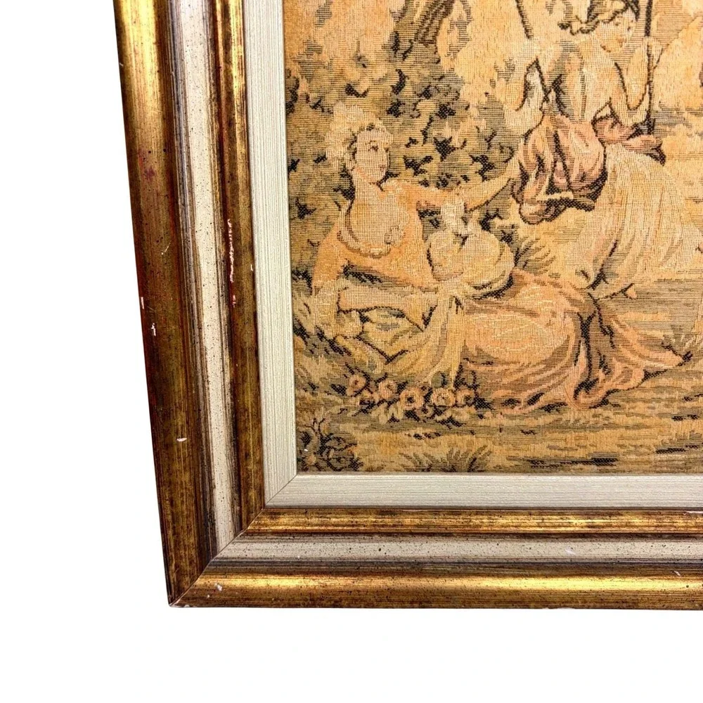 Vintage French Rococo Style Framed Tapestry Wall Art Pastoral Garden Scene 12x13